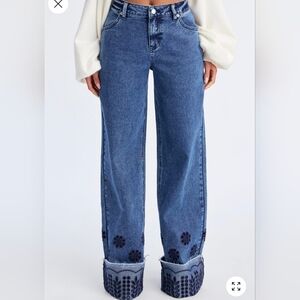 Fashion Nova Dark Blue Floral Wide Leg Jeans